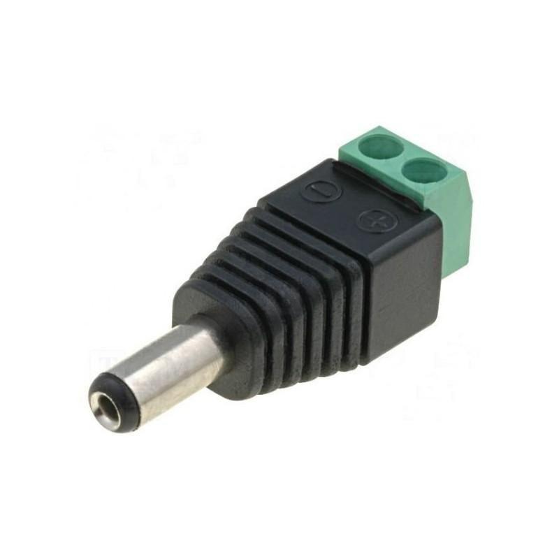 Conector Ficha DC Macho Macho 2.1mm com Saida de 2 Terminais Parafuso Conector Ficha DC Macho Macho 2.1mm com Saida de 2 Terminais Parafuso