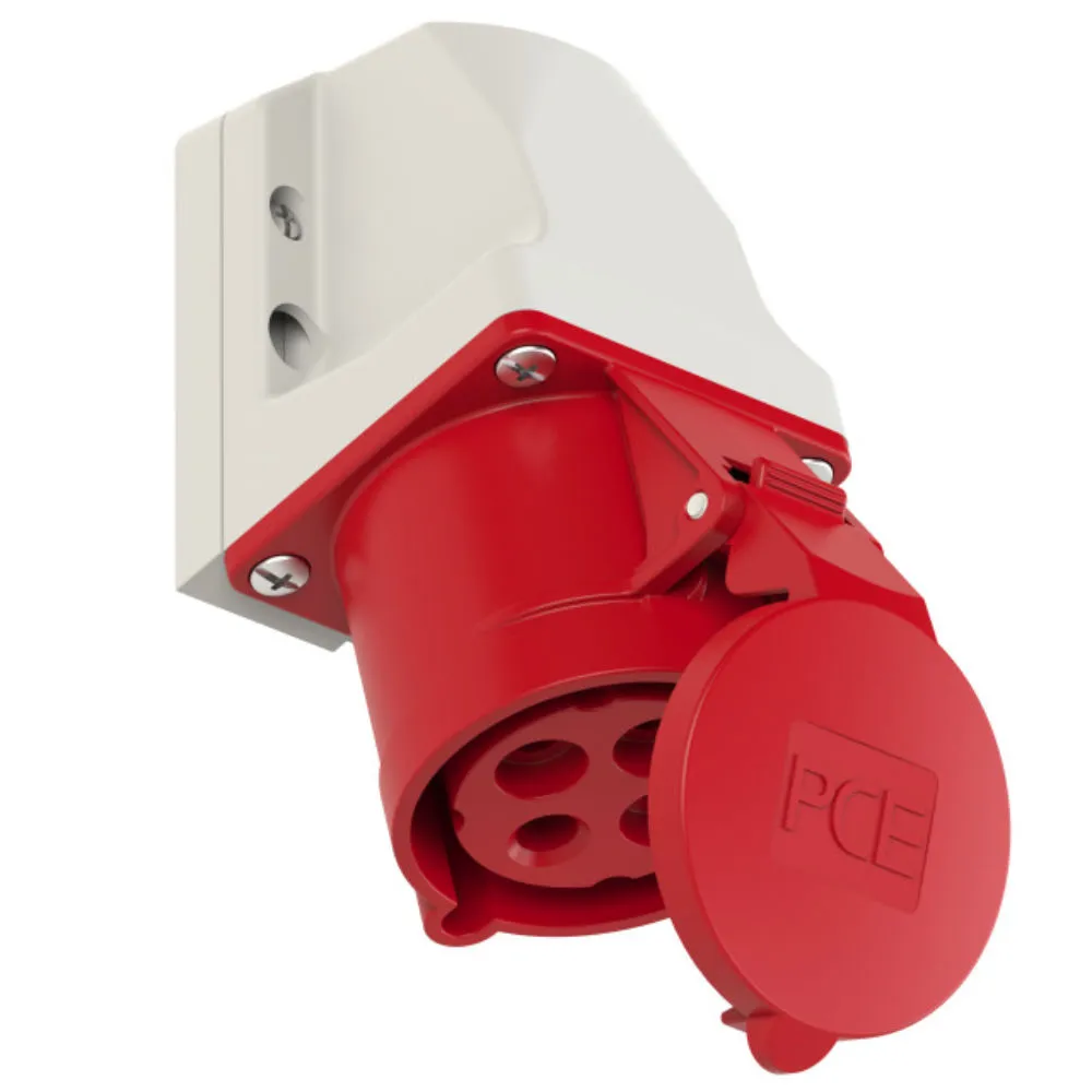 Tomada fêmea mural CEE 3P+T 32A-400V-50/60Hz-6h-IP44 (lig.⮿) Tomada fêmea mural CEE 3P+T 32A-400V-50/60Hz-6h-IP44 (lig.⮿)