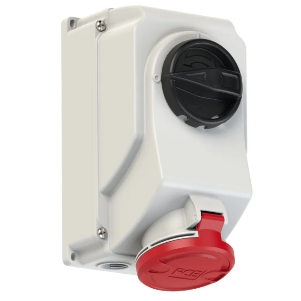 Tom mural CEE c/interr bloqueio 3P+N+T 32A-400V-50/60Hz-6h-IP44 Tom mural CEE c/interr bloqueio 3P+N+T 32A-400V-50/60Hz-6h-IP44